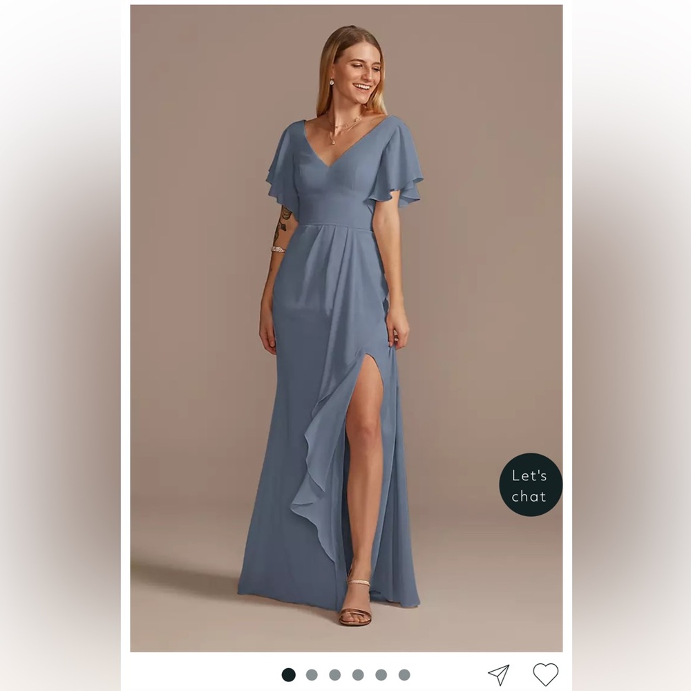 David’s Bridal Ice Blue flutter sleeve dress with cascade